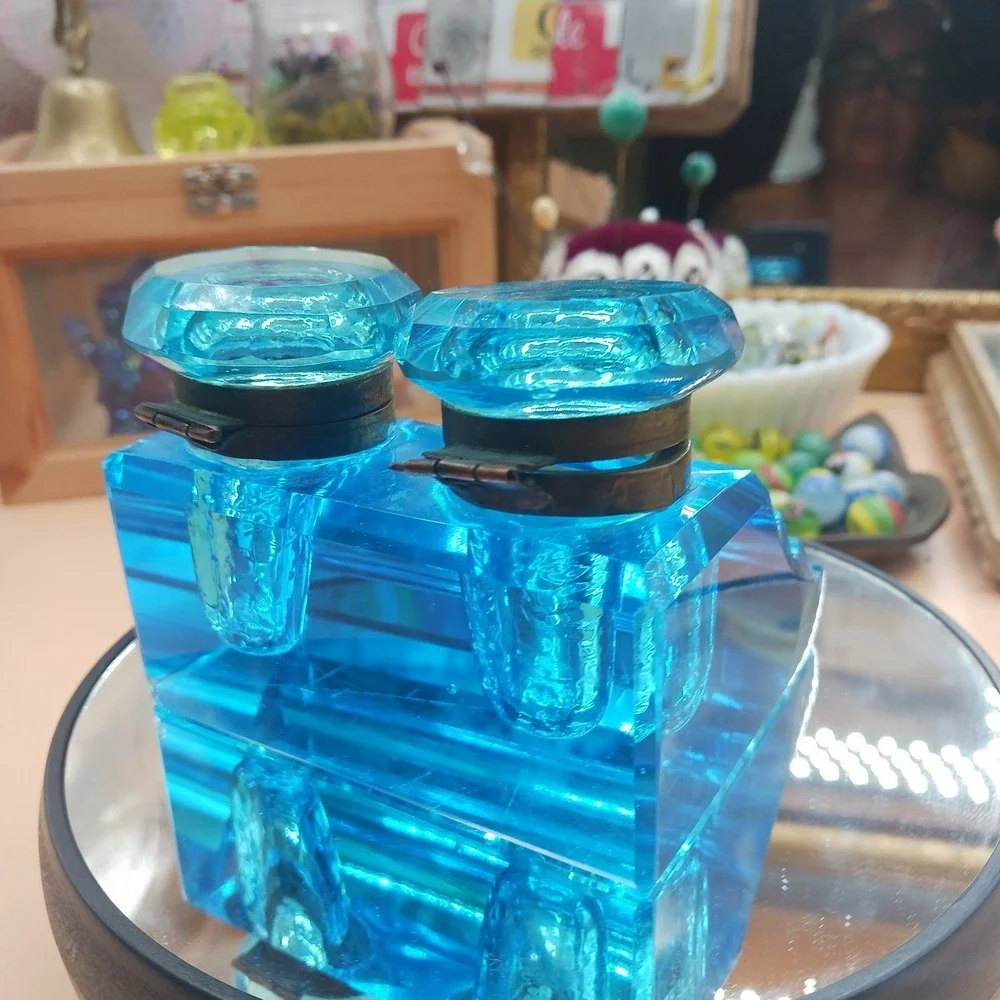 Antique Peacock Blue Glass DOUBLE Inkwell, Late 19th Century Victorian Desk